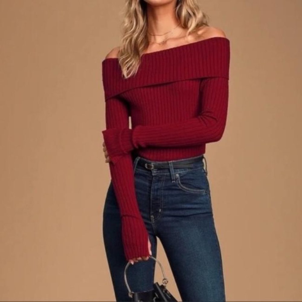 NWT LULU's Perfect Timing Off Shoulders Burgundy Ribbed Red Sweater